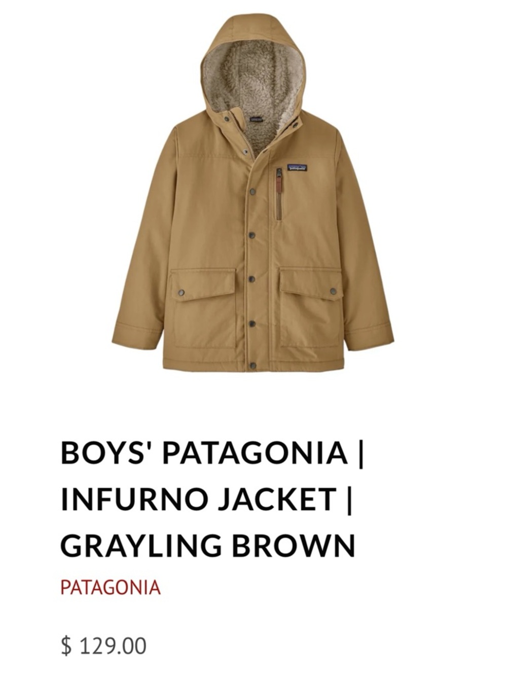 Patagonia Boys ‘Infurno’ Hooded Jacket in Grayling Brown M/10 Tan Khaki Neutral